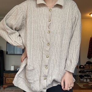 Vintage Cable Knit Sweater Plus Size Cream / Tan Collared Button Up Cardigan